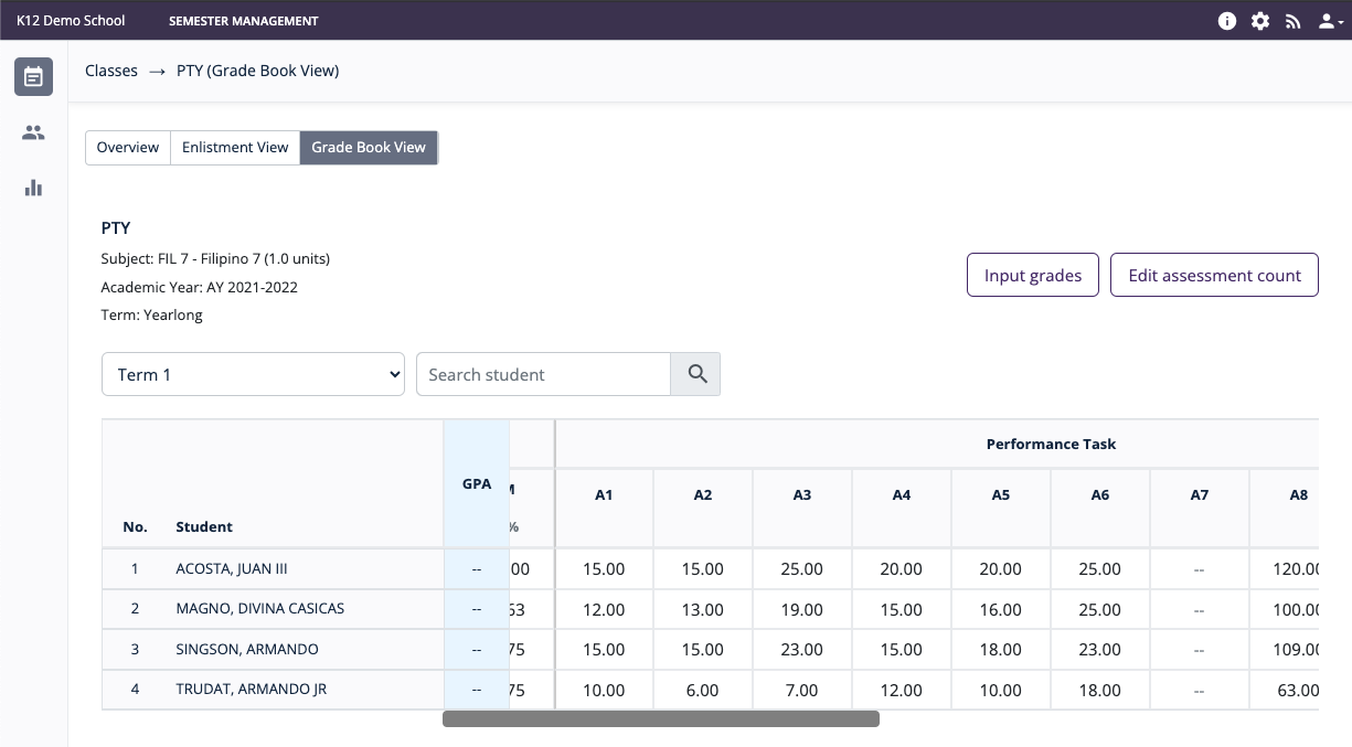 Grado Grade Book View