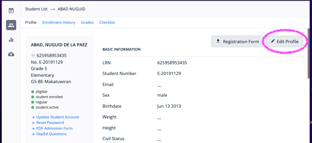 Edit Student Profile