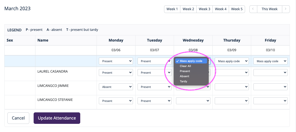 Homeroom attendance mass apply code
