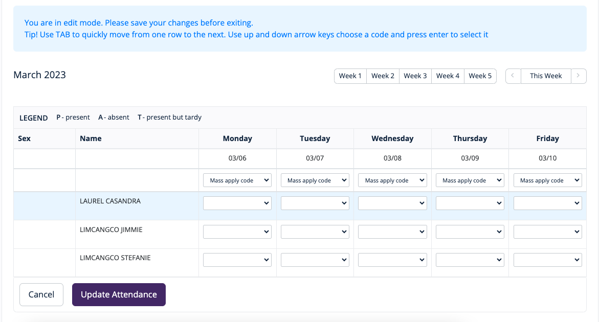Homeroom attendance page