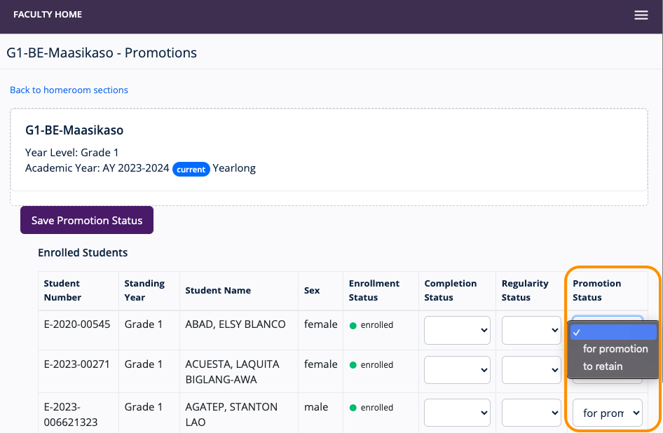 homeroom section promotion page
