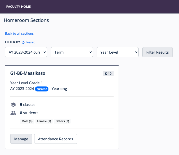 Homeroom Sections view